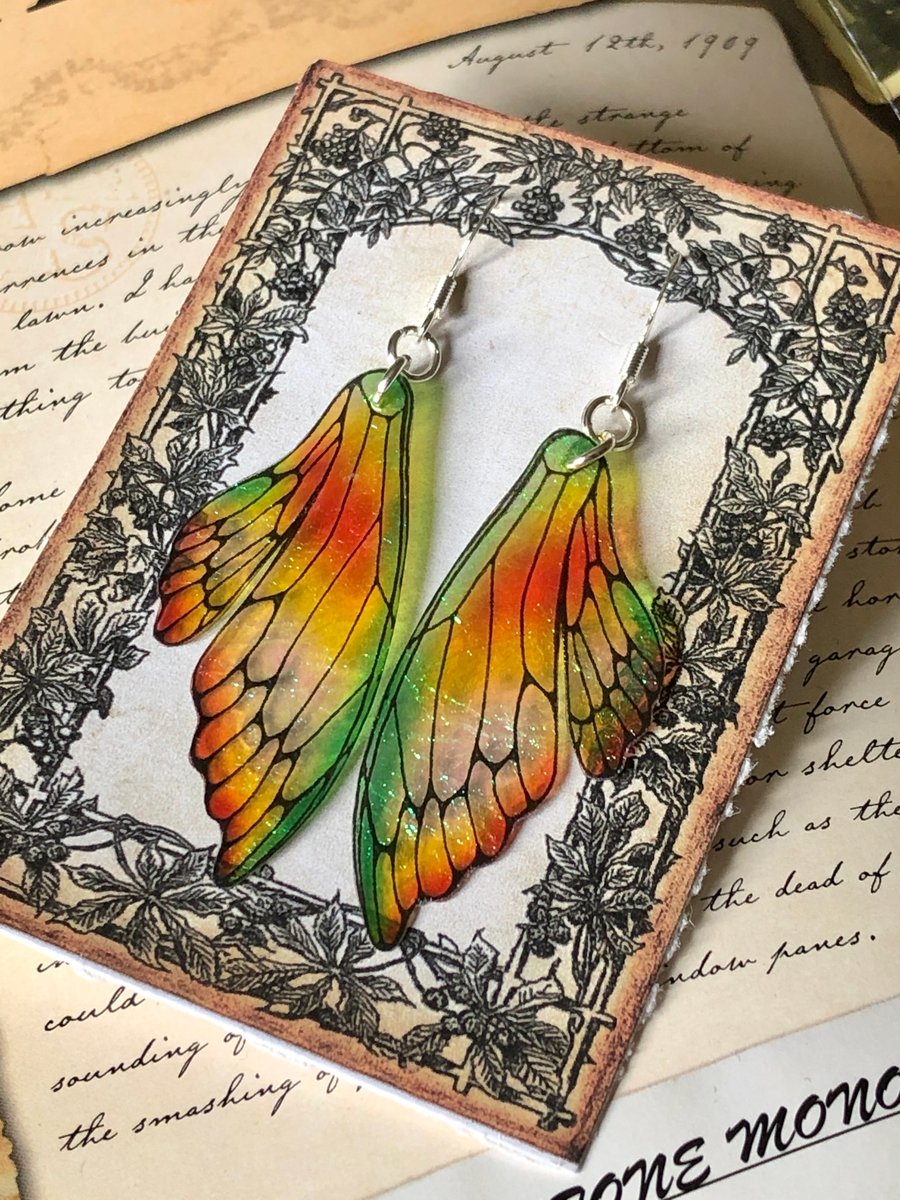Orange and Green Iridescent Double Fairy Wing Earrings Sterling Silver