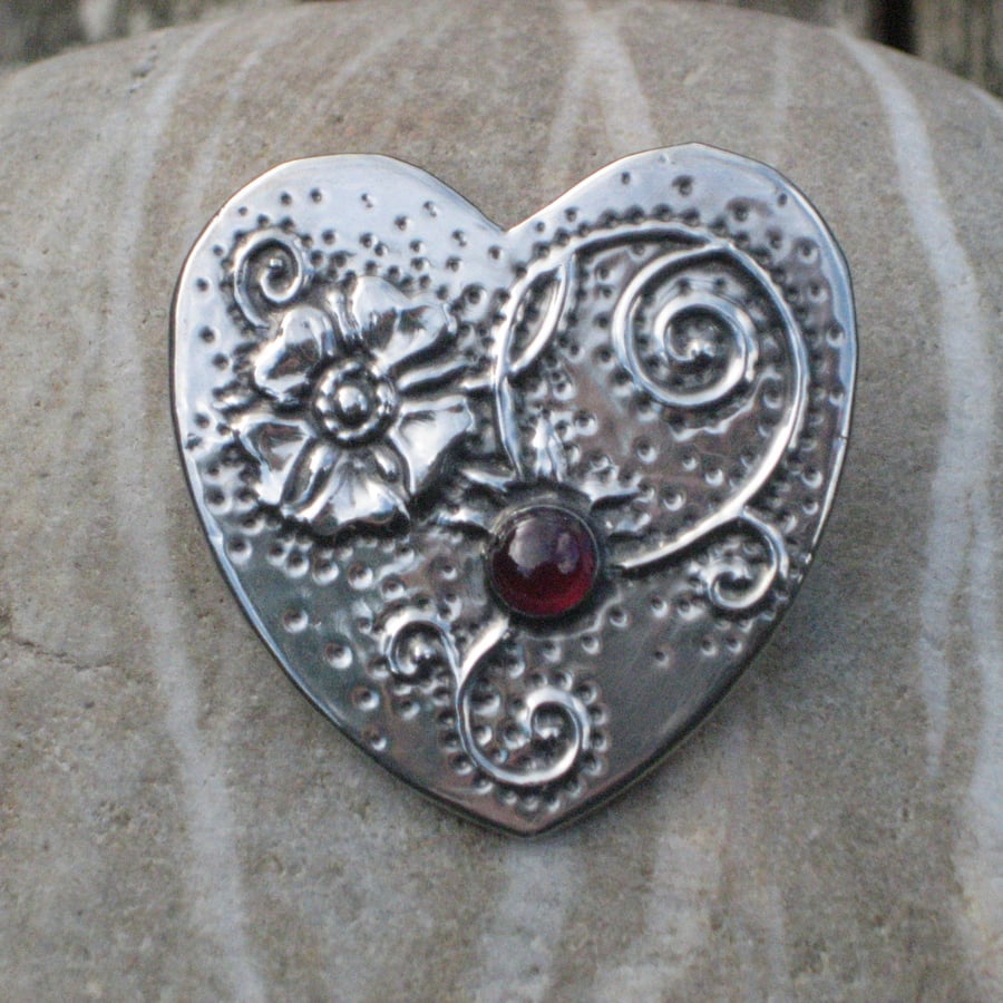 Silver Pewter Strawberry Flower Brooch with Garnet