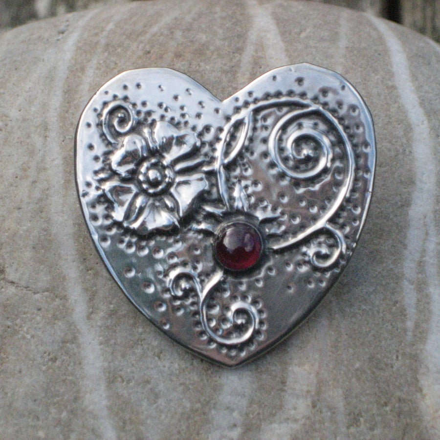 Image of Silver Pewter Strawberry Flower Brooch with Garnet