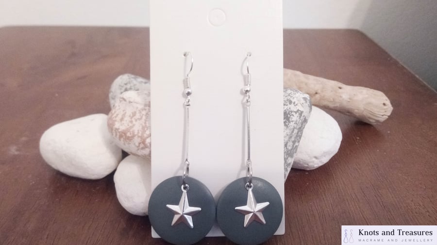 Silver Dangle Earrings with Grey Wooden Disc and Silver Star