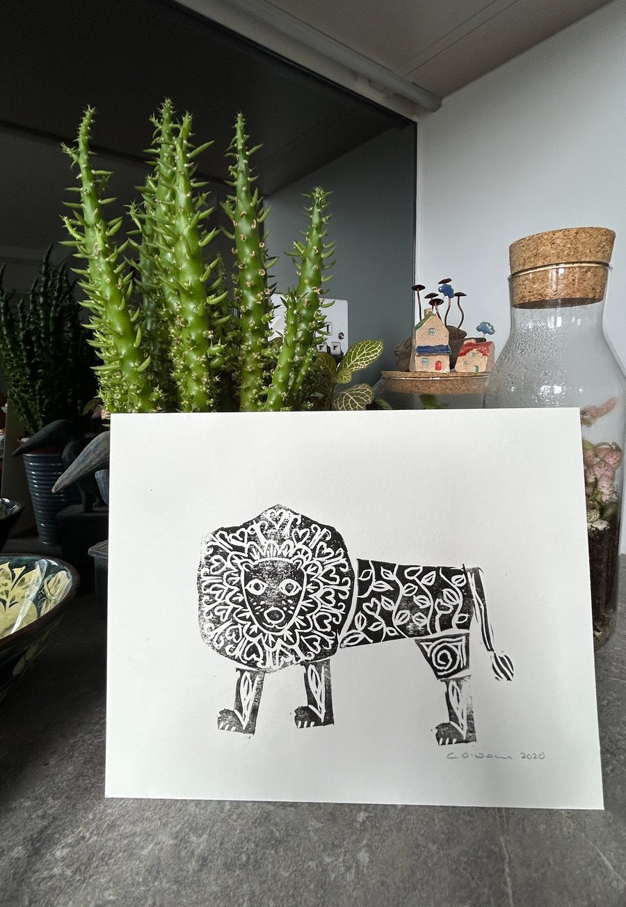 Stamped Lion Standing in Black - Original Print. Made in Yorkshire