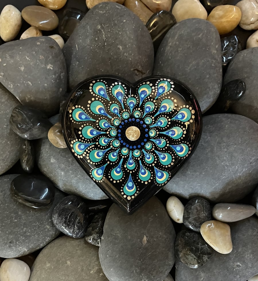 Green & Blue Peacock Feather Heart Mandala Dot Art Stone Hand Painted Unique
