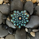 Green & Blue Peacock Feather Heart Mandala Dot Art Stone Hand Painted Unique