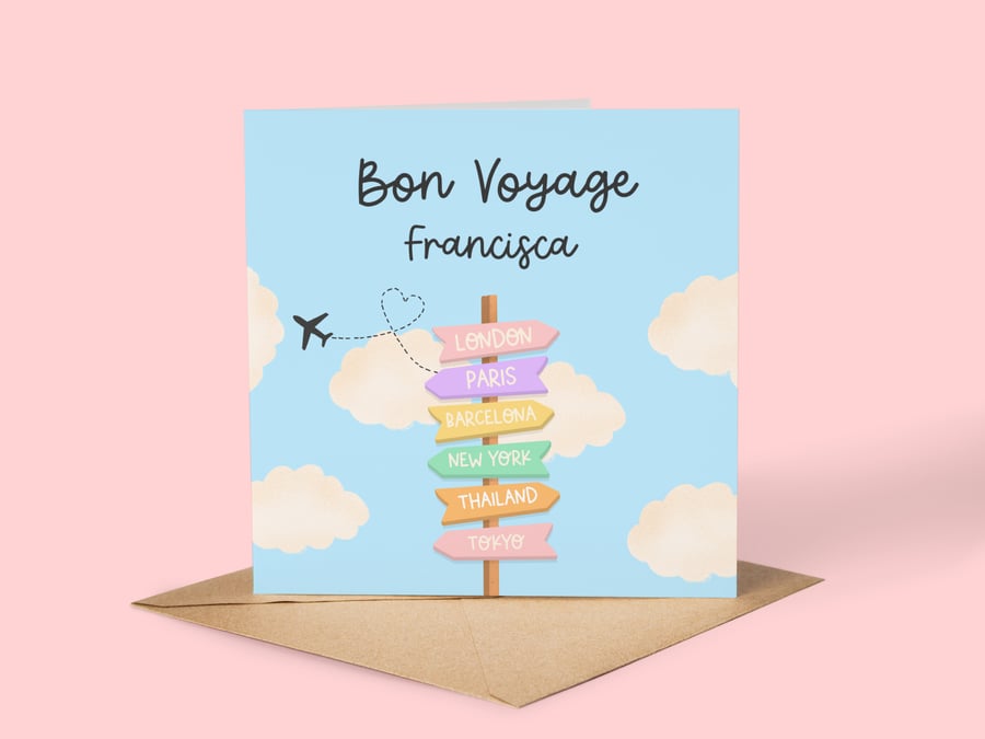Personalised Bon Voyage Card, Good Luck On Your Travels, Travel Signpost