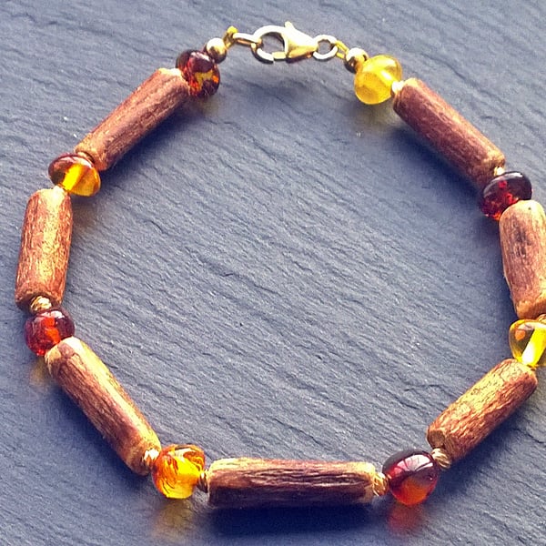 Baltic Amber and Hazel Wood Beaded Bracelet