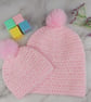 Pink Crochet Mum and Baby Matching Hats, Faux Fur Pom Beanie Set - Image 5