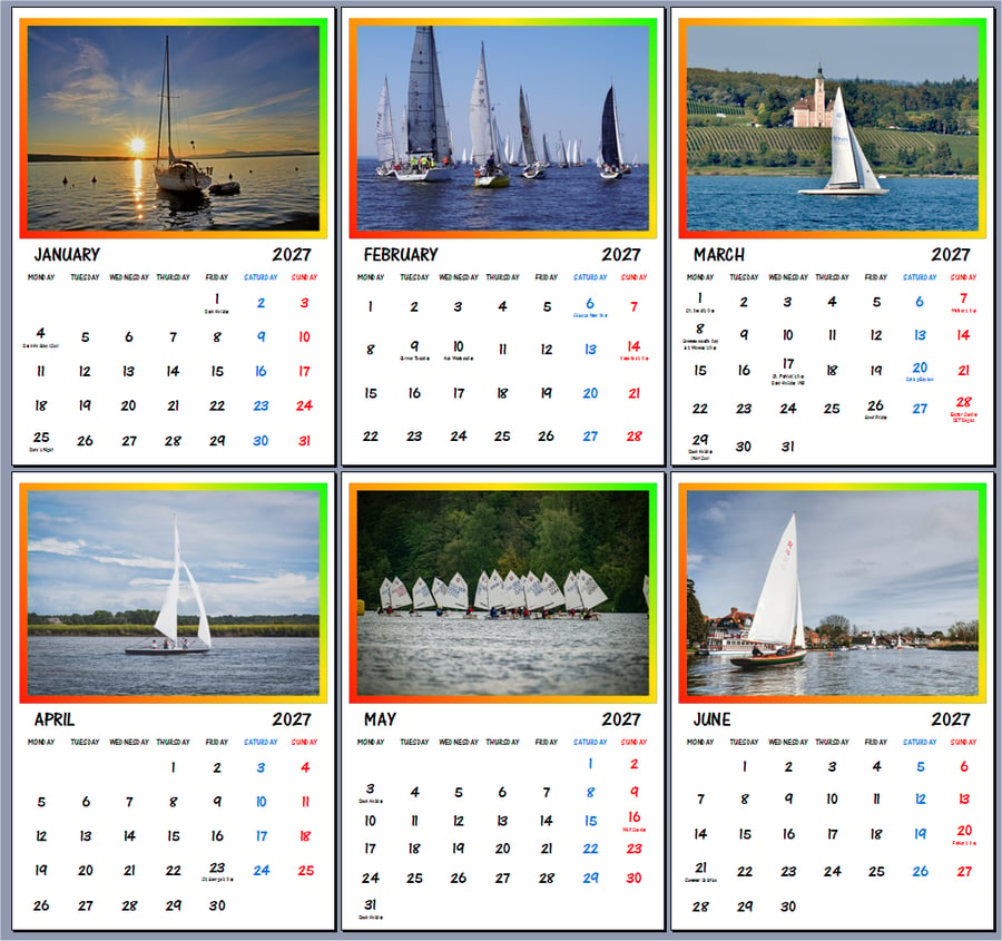 2027 Calendar Sailing Boats A4 Size Wall Hanging 