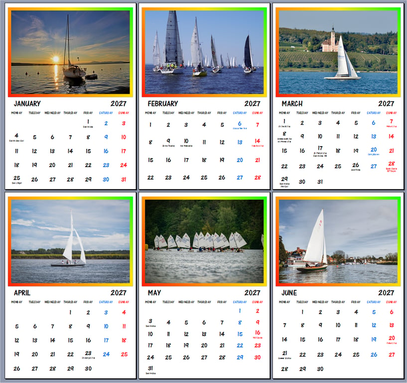 2027 Calendar Sailing Boats A4 Size Wall Hanging 