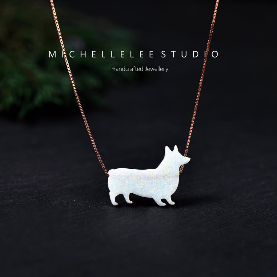 Opal Corgi Dog Pendant Necklace With 925 Sterling Silver Chain
