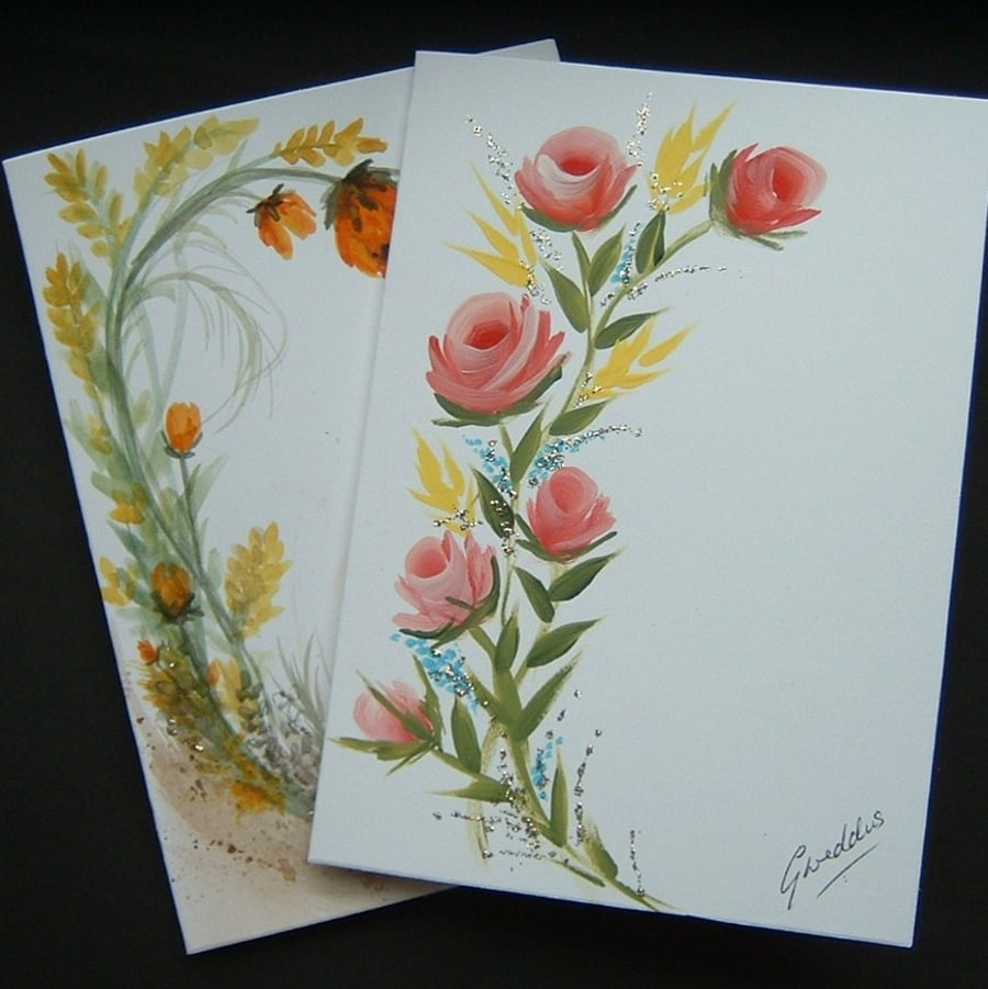 TWO hand painted floral greetings cards ( ref fb150)