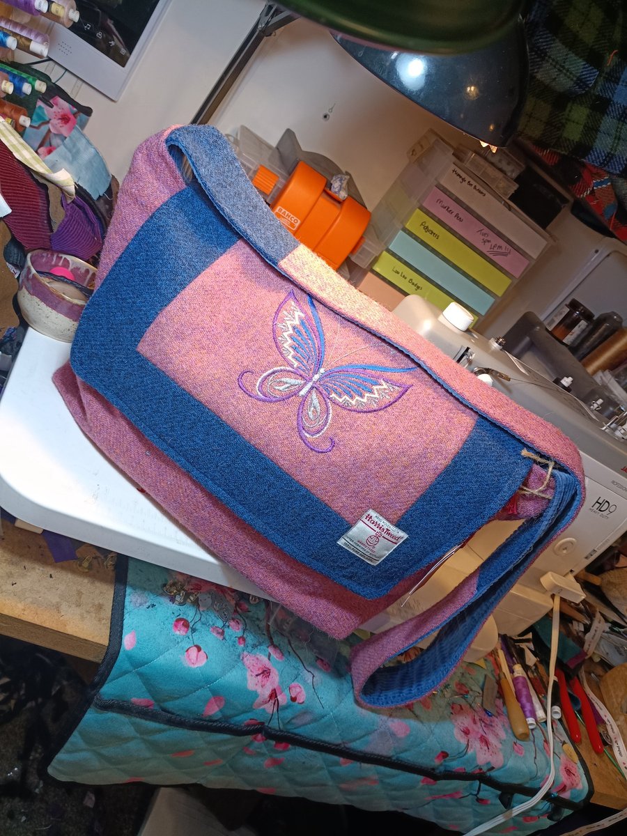 Harris tweed overnight bag with embroidered Butterfly