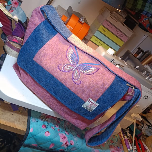 Harris tweed overnight bag with embroidered Butterfly