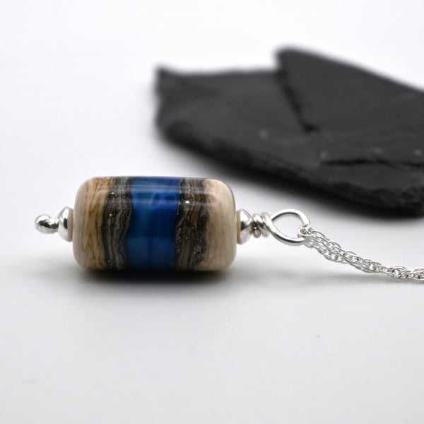 ivory and silver bue glass barrel pendant necklace