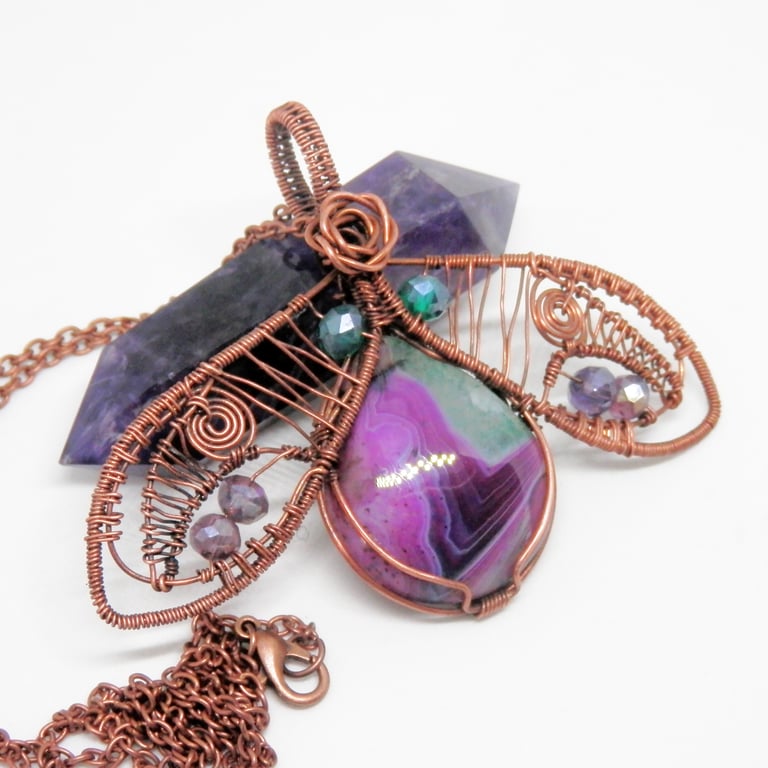 Stunning Bug Shaped Copper Necklace With Ruby In Fuchsite