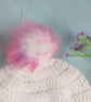 Matching Mum and Baby Crochet Hats, White Beanies with Pink Faux Fur Pom Poms  - Image 2