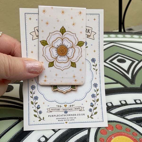 White Rose of York Magnetic Bookmark - History Gift - Handmade Isle of Man