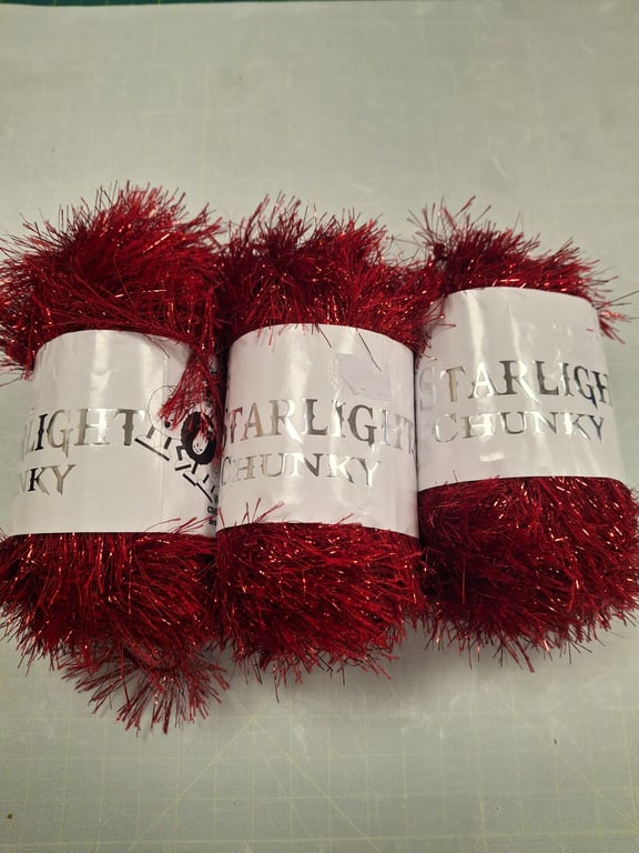 3 x Woolcraft 50g Balls Starlight Chunky Red Tinsel Yarn