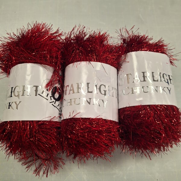 3 x Woolcraft 50g Balls Starlight Chunky Red Tinsel Yarn