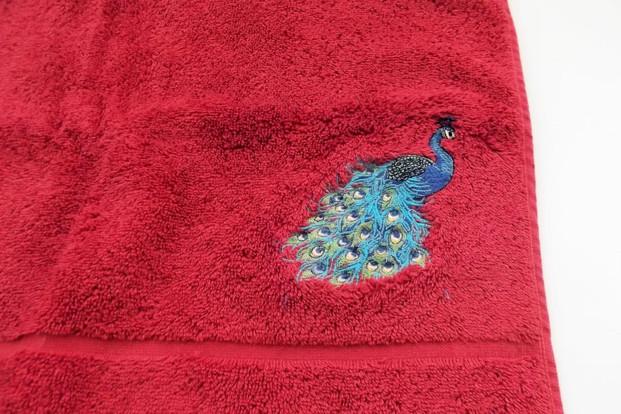 Peacock Embroidered Hand Towel. Dark Red, T3