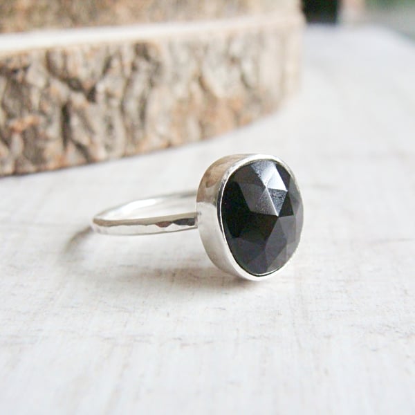 Freeform Faceted Black Onyx Sterling Silver Hammered Stack Ring
