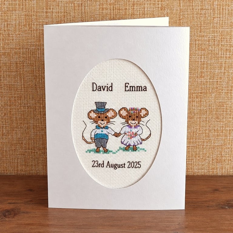 Personalised Wedding Card, Handmade Cross Stitch Card, Bride and Groom Mice