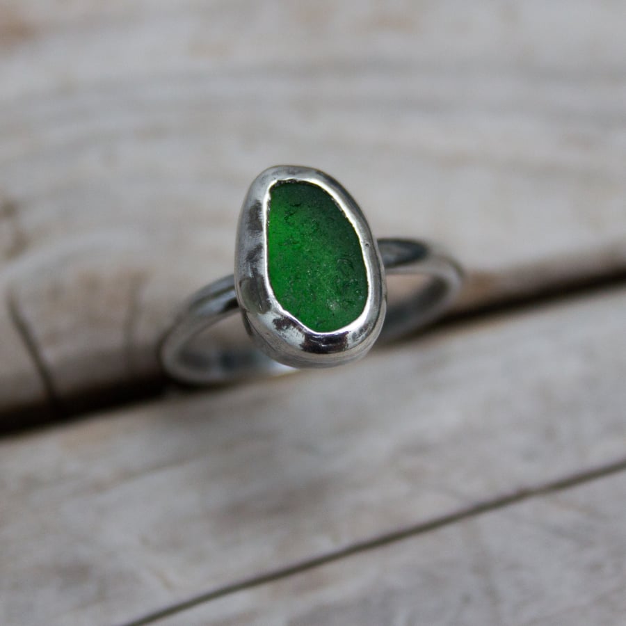 Green Sea Glass and Recycled Sterling Silver Ring