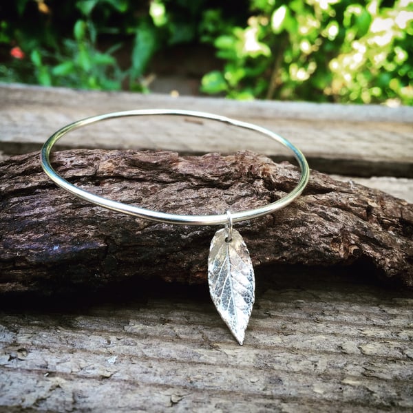 Sterling silver bangle with autumn leaf charm, stacking charm bangle 