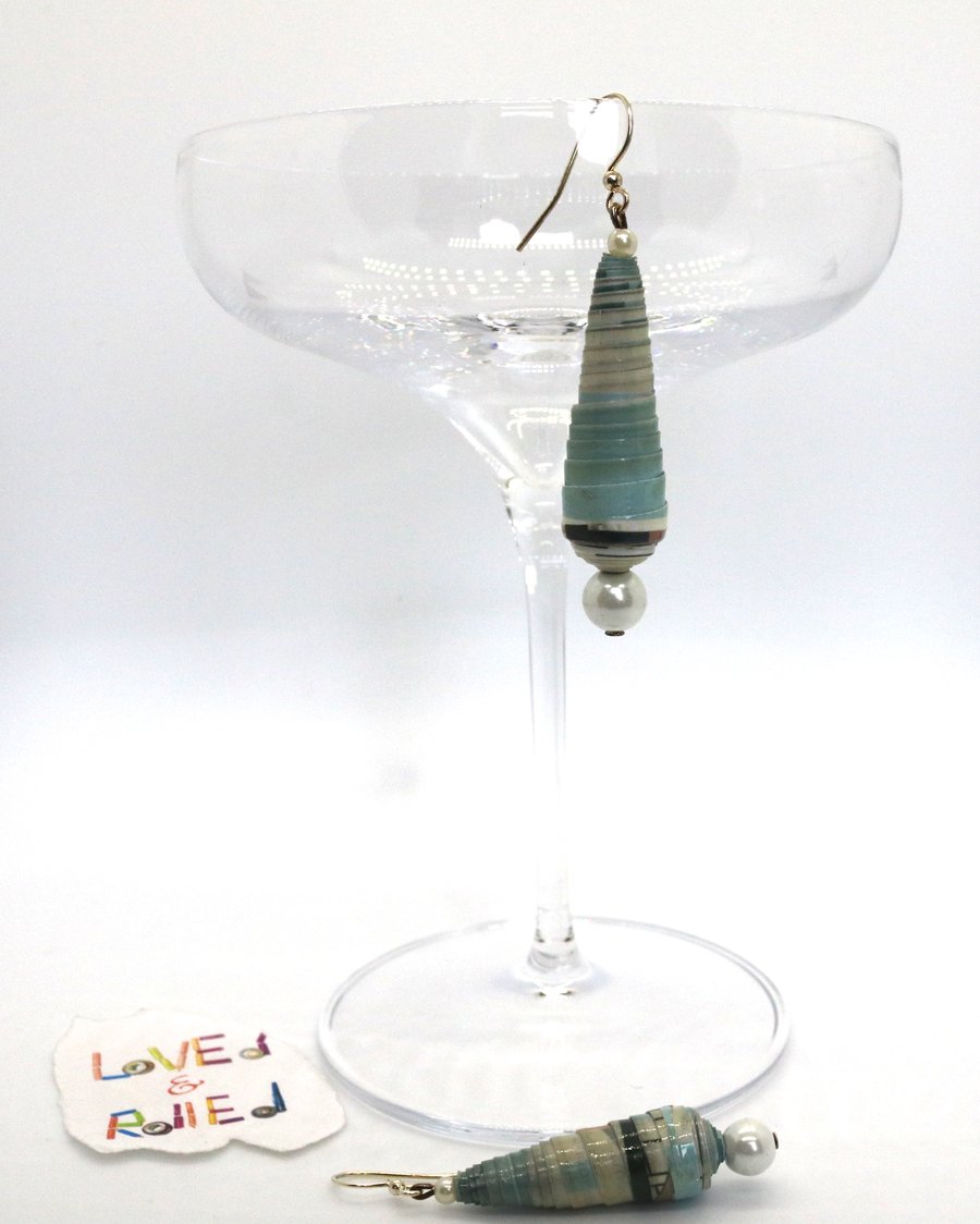 Conical paper bead earrings with white bead