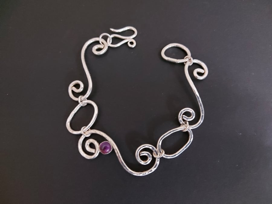 Sterling Silver Scroll Link Bracelet with Amethyst, February Birthstone