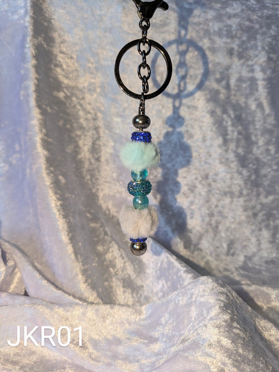 Blue and Grey Fluffy bead keyring