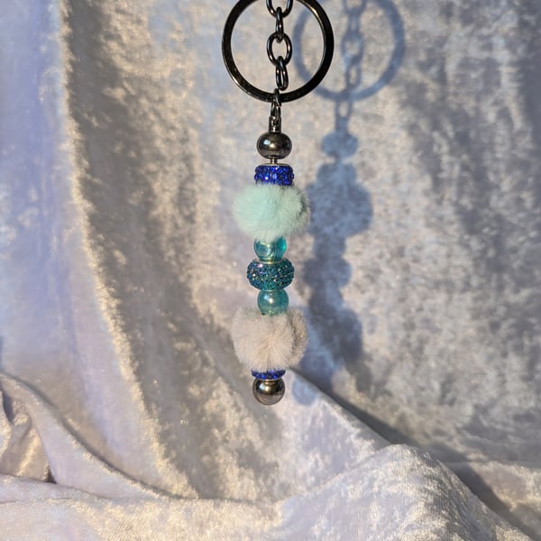 Blue and Grey Fluffy bead keyring