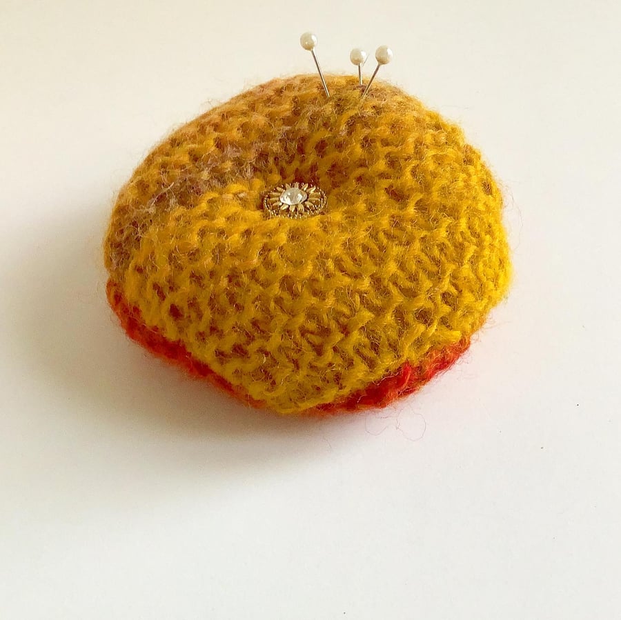 Knitted pincushion, pincushion with sparkly button