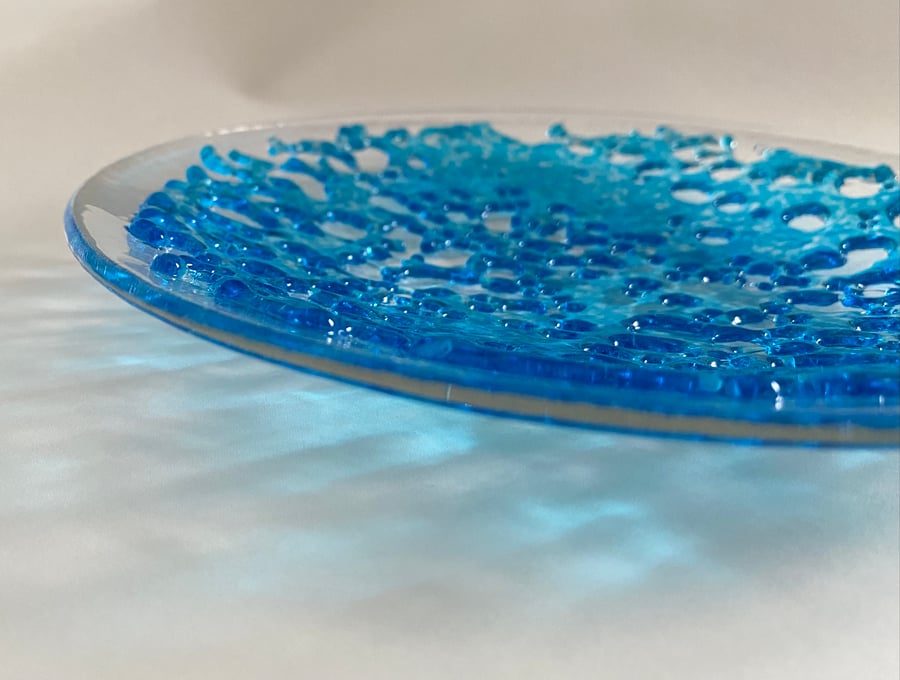 Turquoise fused glass lace dish