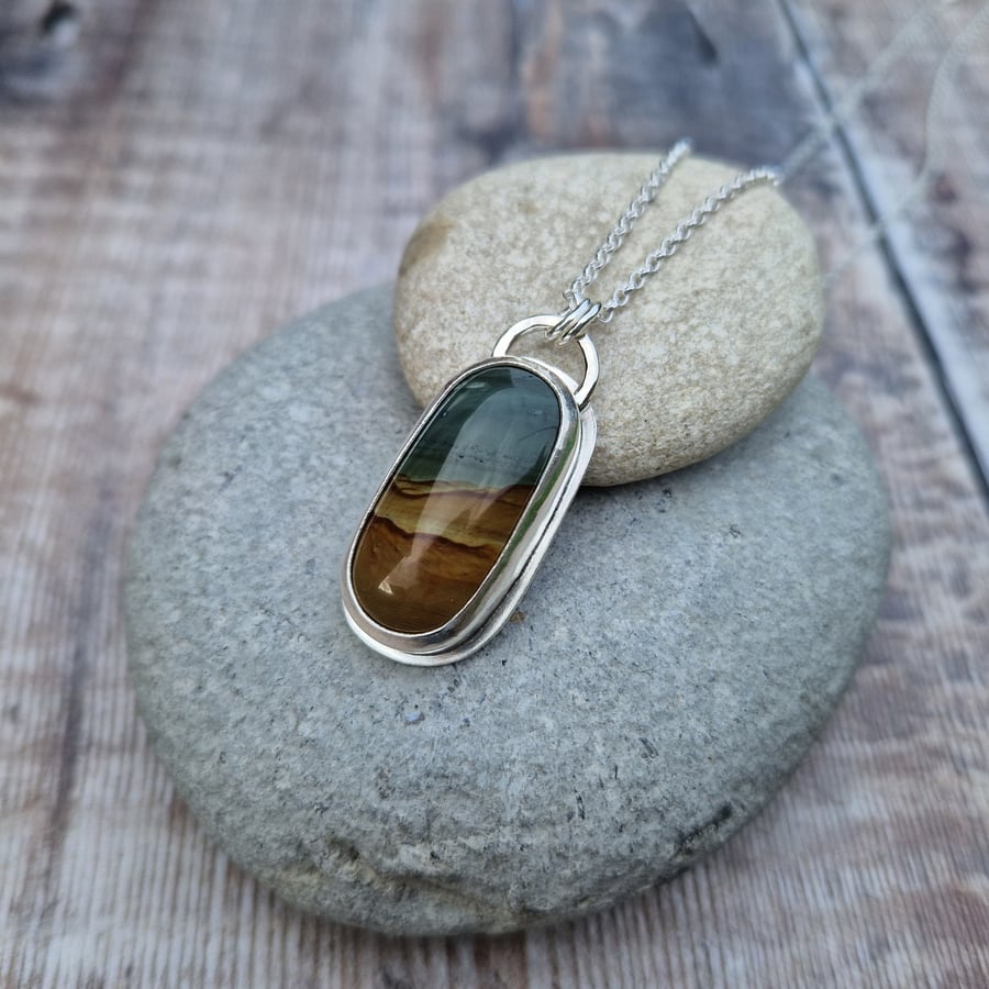 Picture Jasper Gemstone and Sterling Silver Pendant Necklace