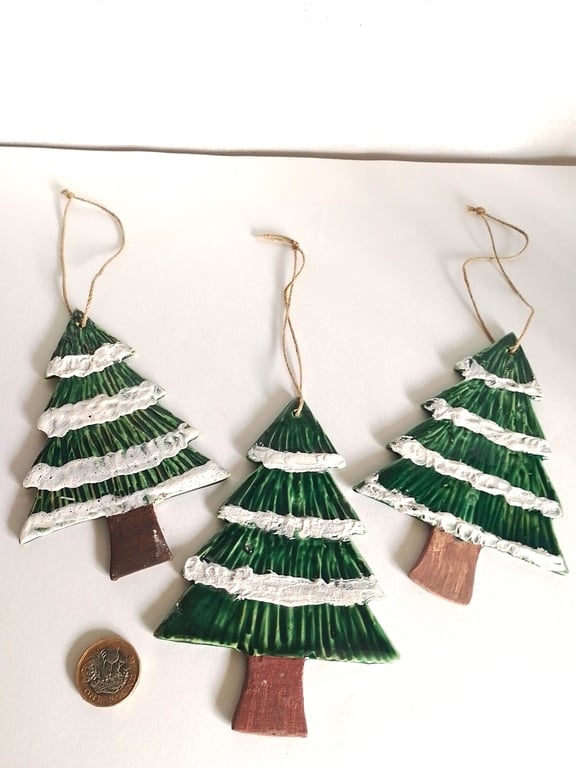 3 x Green ceramic snowy Christmas tree hanging decorations