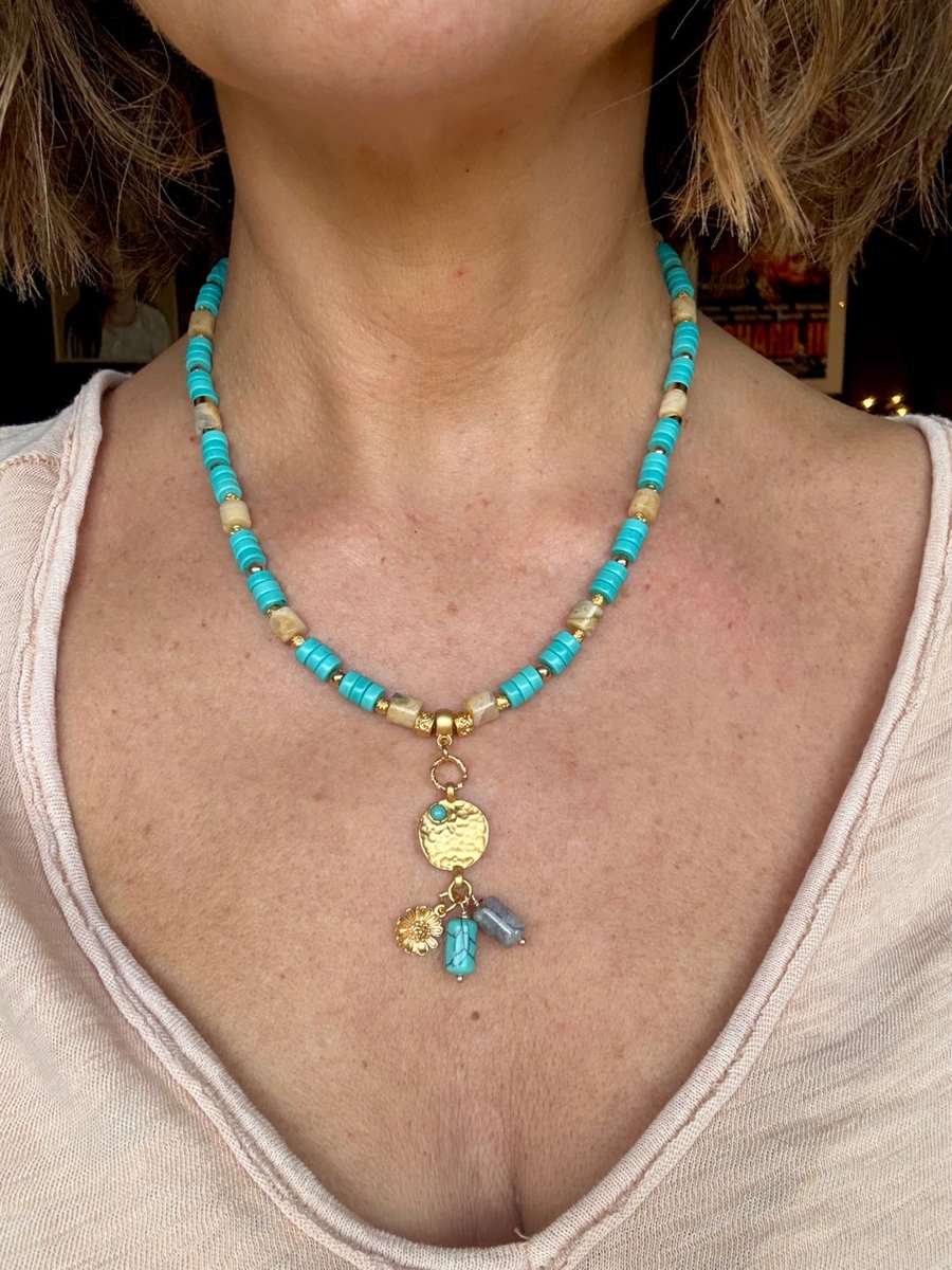 Gorgeous boho turquoise and gold charm necklace