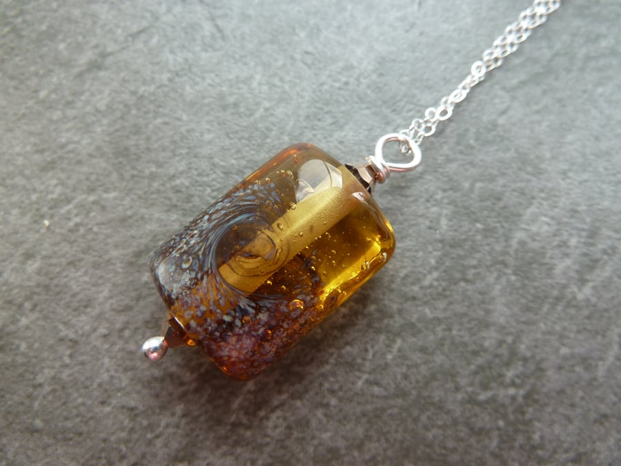 sterling silver chain, amber lampwork glass pendant