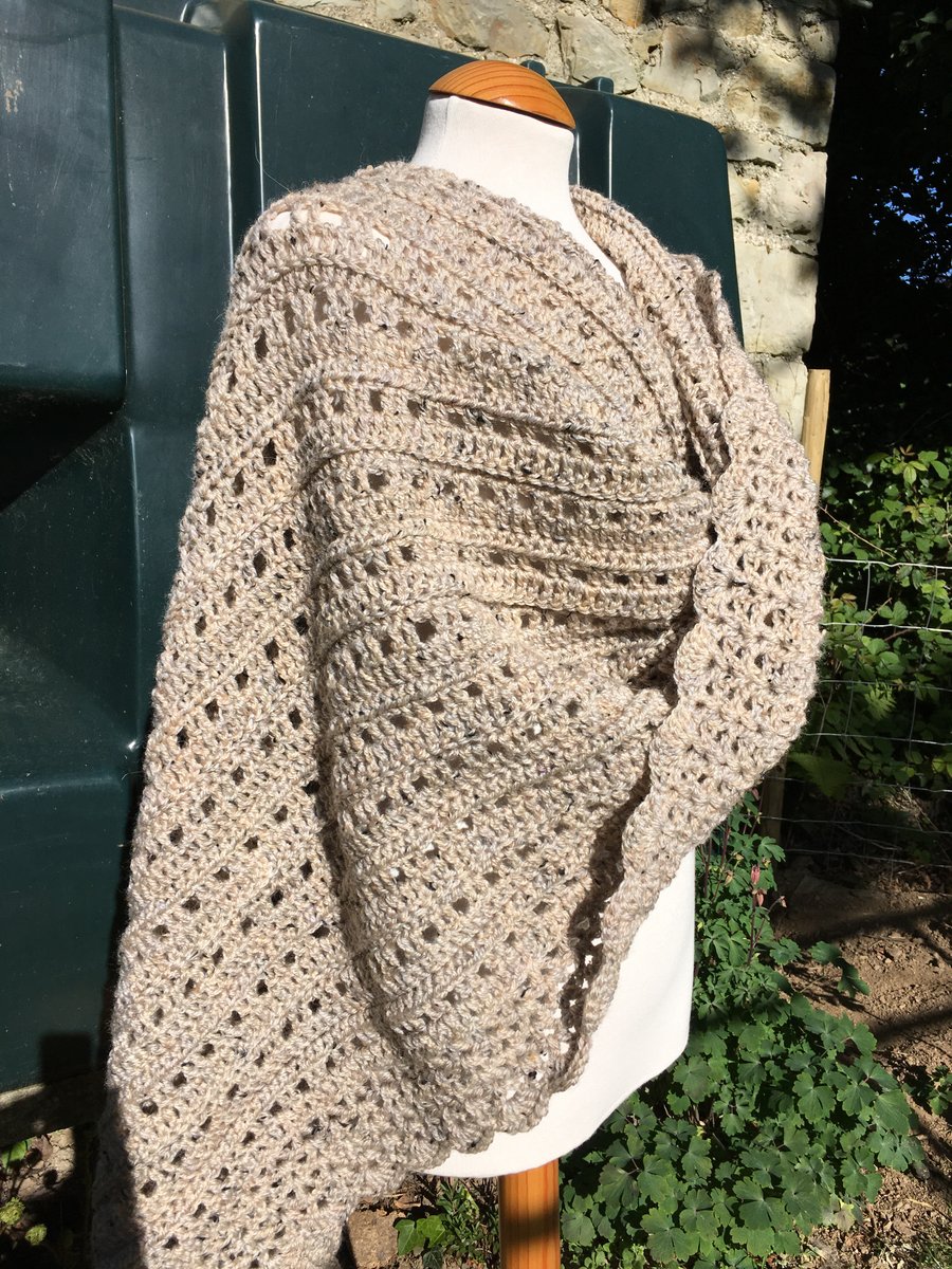 Comforting Hug hand crafted rectangular shawl in soft taupe yarn