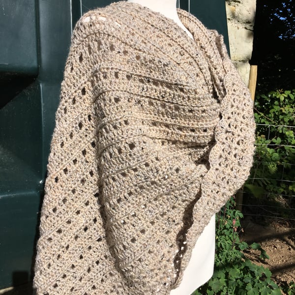 Comforting Hug hand crafted rectangular shawl in soft taupe yarn