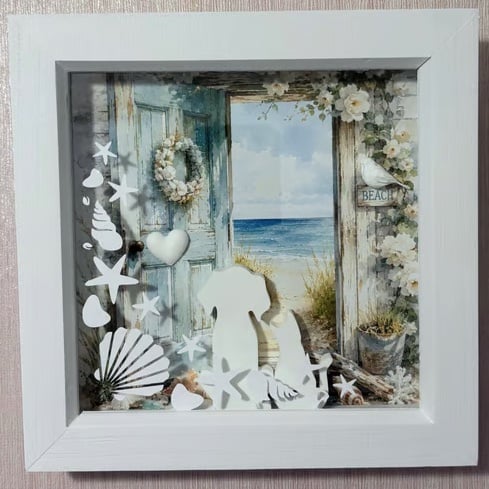 Handmade Coastal Beach Shadow Box Frame – Eco Resin Dog & Cat Sea View Wall Art