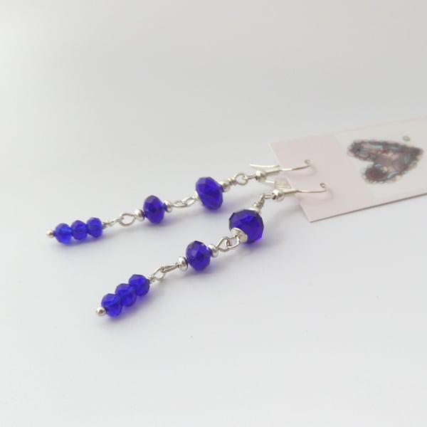 Cobalt Blue Silver Earrings, Medium Length Crystal Dangle Earrings