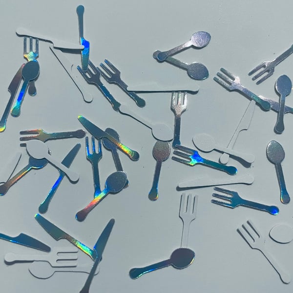 Cutlery, knife, fork, spoon iridescent confetti
