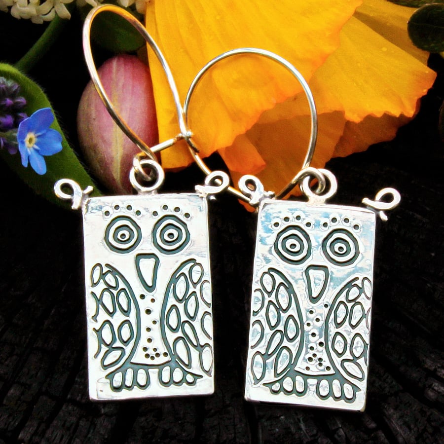 Owl earrings, silver owl earrings, drop earrings, bird earrings