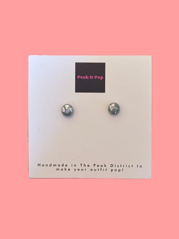 Minimalist Grey Stud Earrings with metallic silver detail