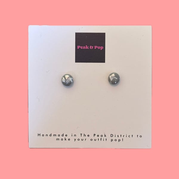 Minimalist Grey Stud Earrings with metallic silver detail
