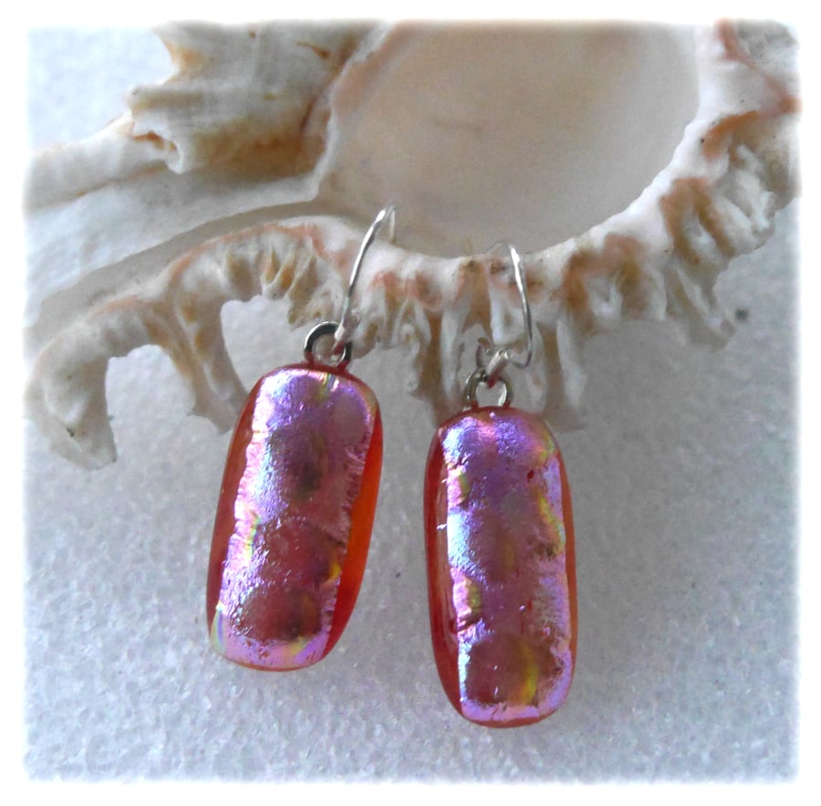 Handmade Fused Dichroic Glass Earrings 276 Amber Pink Shimmer