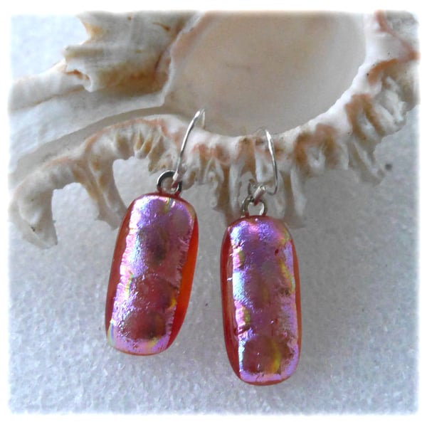 Handmade Fused Dichroic Glass Earrings 276 Amber Pink Shimmer