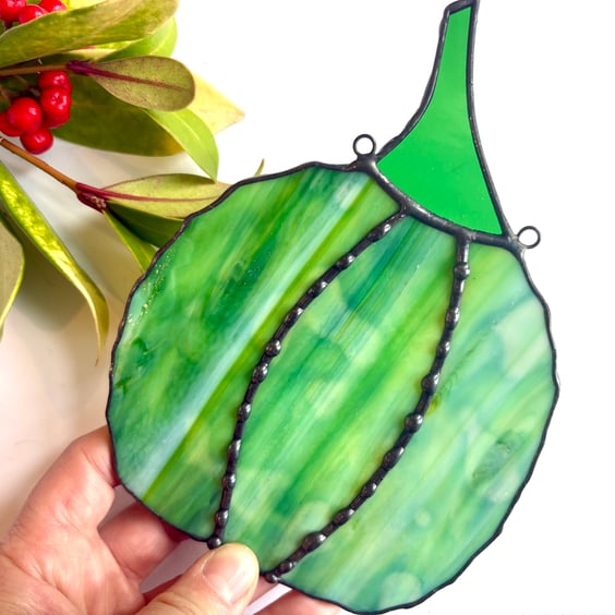 Green stained glass pumpkin, Autumn colours home decoration, Halloween glass art