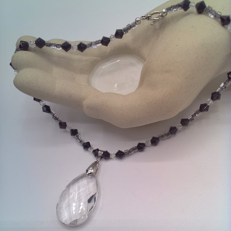 Clear Oval Crystal Pendant on a Black and Clear Bead Necklace, Gift for Her