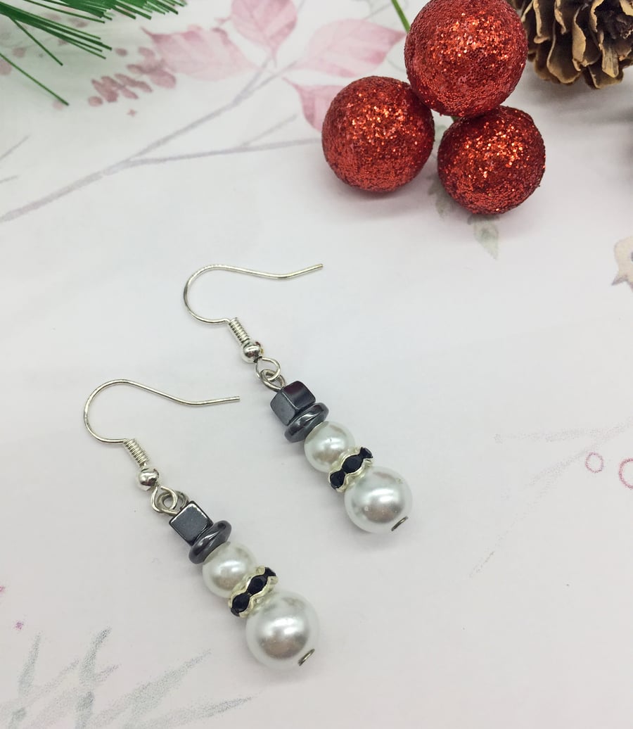 Snowman glass pearl crystal diamante and hematite dangle earrings gifts for her
